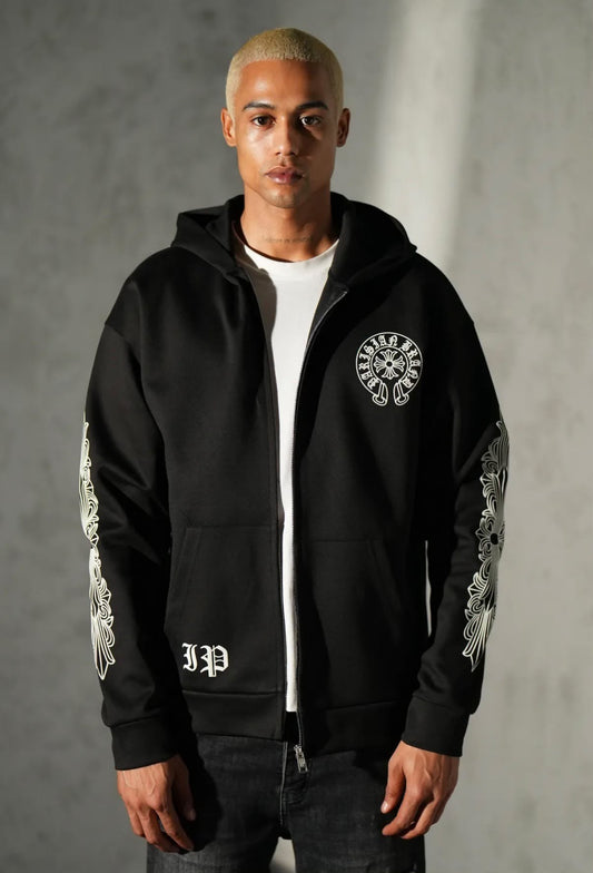Sweat a capuche zippe noir a motifs
