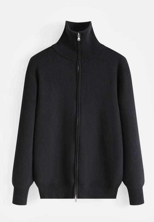 Pull Zippé Noir Maille Épaisse